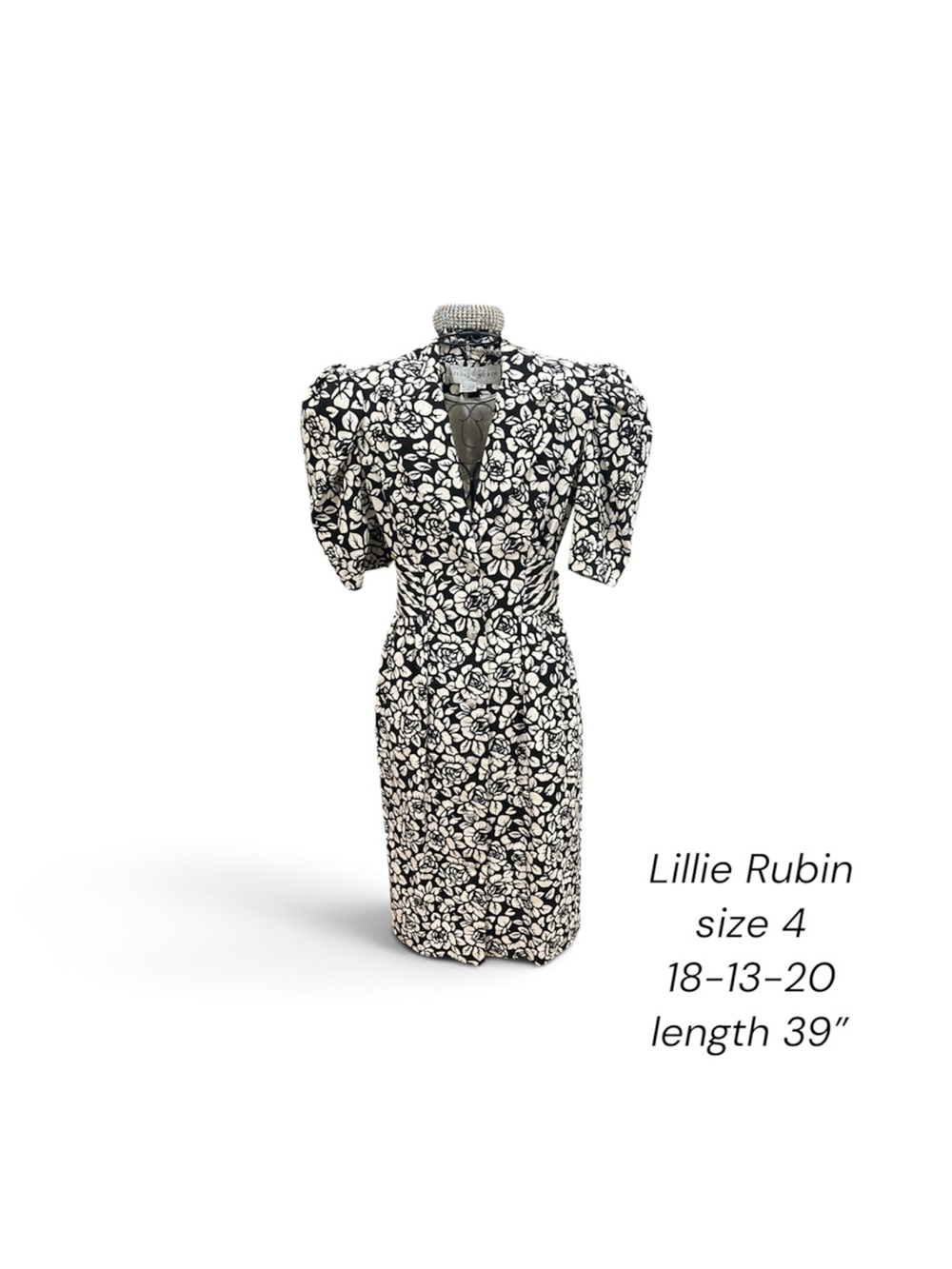 Lillie Rubin Black & White Floral Puff-Sleeve Midi Dress with bow and rhinestone